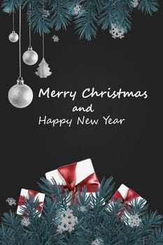 Abstract greeting card with Christmas tree branches, snowflakes, gifts and silver balls, counting last moments to New 2024 Year banner design