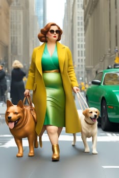curvy elegant empowered business woman walking with dog in downtown illustration genrative ai art