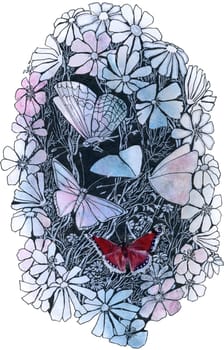 Elegant flower arrangement of line art flowers and leaves. Hand-drawn flowers with butterflies. Design wedding invitation, envelopes, greeting card template. illustration