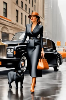 Vibrant classy lady, wearing black winter coat and high heels, umbrella hat, walking with a adult black feline, 5th avenue, manhattan, stormy, raining season, 3d render, illustration, ai art generated