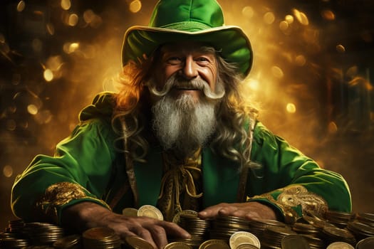 A leprechaun in a green suit and hat with gold coins is a symbolic image of St. Patrick's Day, a day of happiness and good luck.