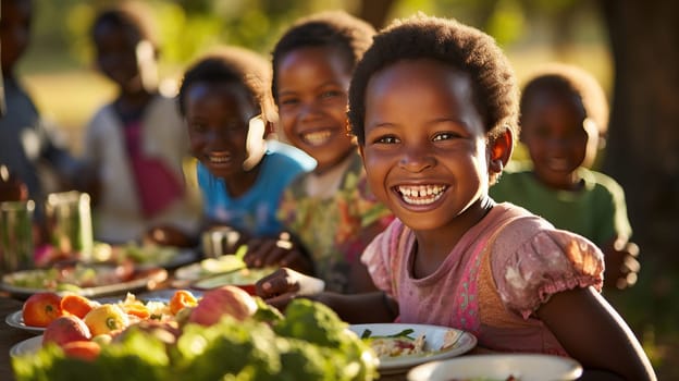 Smiling children are having fun at the table and happily eating varied and healthy food