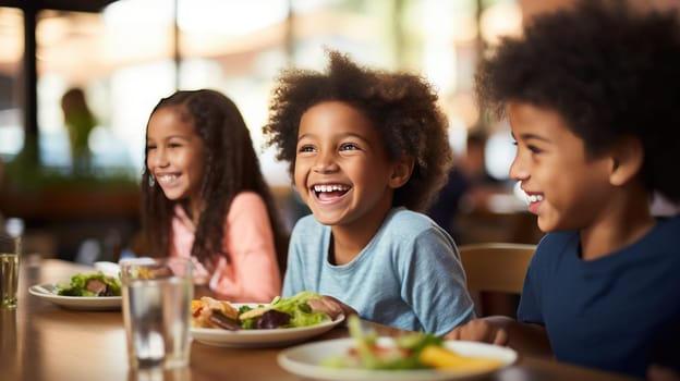 Children with smiles on their faces actively eating lunch while enjoying healthy and nutritious food