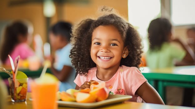 Children have fun enjoying lunch, tasting a variety of healthy products