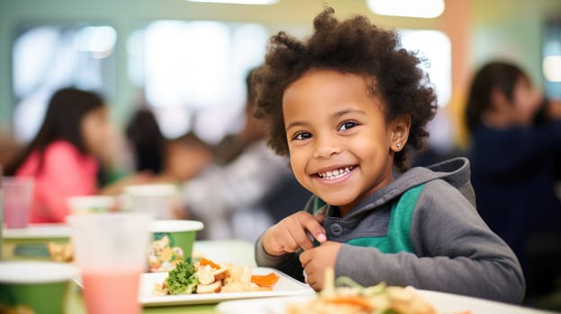 Happy children with smiles on their faces happily eating healthy and delicious food at the table