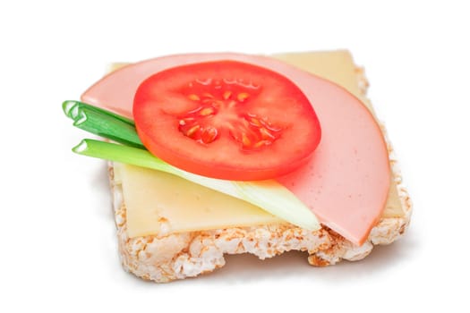 Rice Cake Sandwich with Tomato, Sausage, Green Onions and Cheese - Isolated on White. Easy Breakfast. Quick and Healthy Sandwiches. Crispbread with Tasty Filling. Healthy Dietary Snack - Isolation