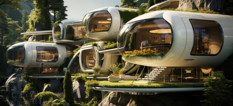 Life-giving nature around compact capsule houses.