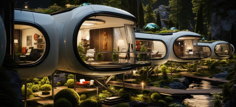 Life-giving nature around compact capsule houses.