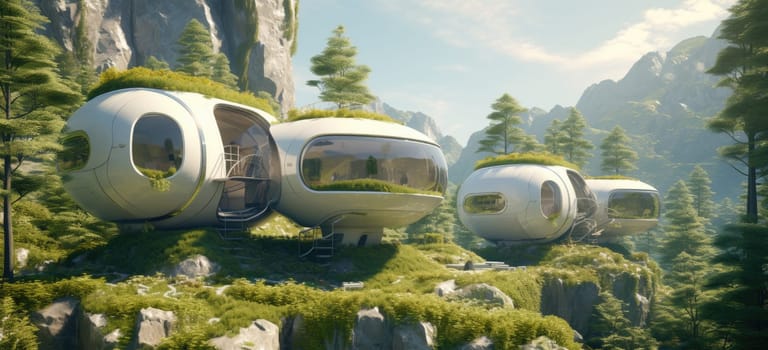 Life-giving nature around compact capsule houses.