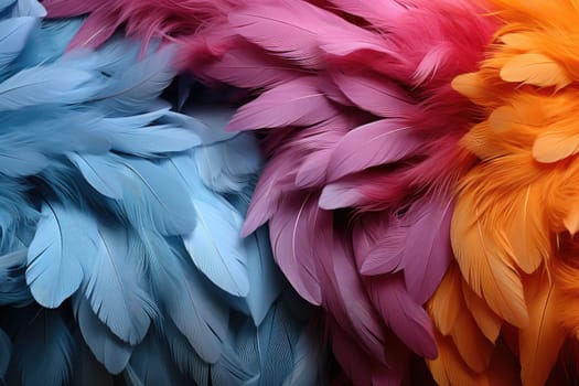 Photo of background texture with bright large bird feathers in various shades.