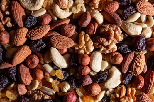 Mixed Nuts: Almonds, Walnuts, Cashews, Peanuts, Hazelnuts, Dried Prunes and Raisins. Different Nut Mix. Background from Various Nuts and Dried Fruits