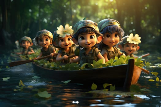 Cheerful cartoon characters go on a journey, sailing on their brightly painted boats along picturesque rivers and canals.