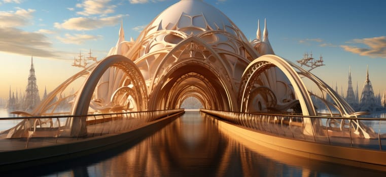 Image of a haute couture bridge with arches and towers of modern design. Art Nouveau architectural structure.