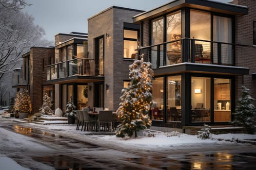 A cozy townhouse made of brick and steel, decorated with Christmas lights, transforms the winter landscape.