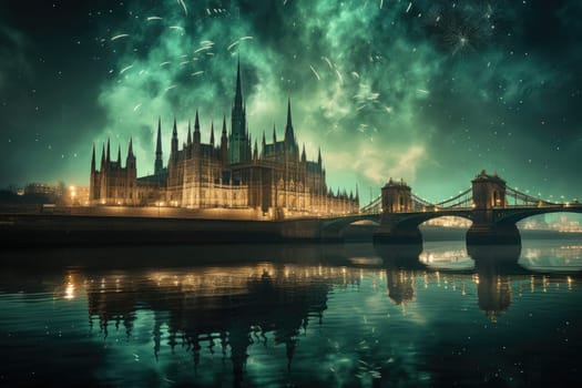 A magical moment is captured in this photo, where green fireworks lights sparkle against the backdrop of Irish castles in honor of St. Patrick's Day.