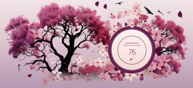 Greeting card template with family tree collage in delicate purple and pink tones