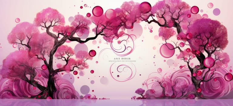 This beautiful postcard features a family tree in purple and pink tones