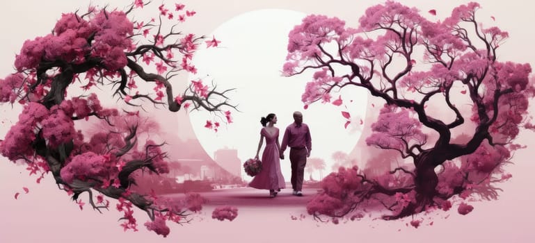 This beautiful postcard features a family tree in purple and pink tones