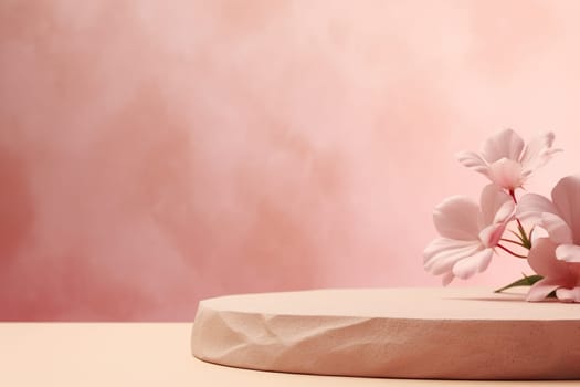 A delicate composition with a beige stone podium and soft pink flowers against a pastel pink misty background, offering a romantic and inviting space for product display. Generative AI