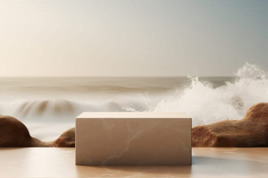 Beige podium with water splashes and ocean on the background. Mock up for product presentation. Platform for beauty products. Empty scene. Stage, display. Podium with copy space. Generative AI