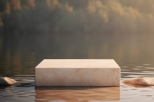 Beige stone podium standing in water. Mock up for product, cosmetic presentation. Pedestal or platform for beauty products. Empty scene. Stage, display showcase. Podium with copy space. Generative AI