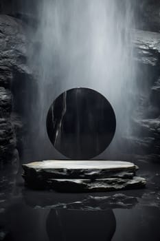 An enigmatic black stone podium with copy space, set in a mystical cavern atmosphere with misty air and dark rock textures reflected in still water, ideal for dramatic product displays. Generative AI