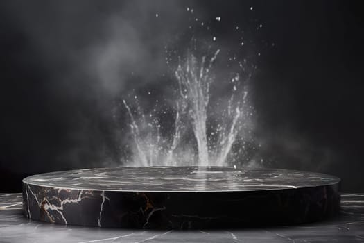 Black marble podium with water splashes. Mock up for product presentation. Pedestal or platform for beauty products. Empty scene. Stage, display, showcase. Podium with copy space. Generative AI