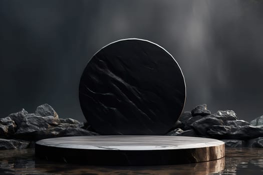 Black stone podium standing in water. Mock up for product, cosmetic presentation. Pedestal or platform for beauty products. Empty scene. Stage, display, showcase. Podium with copy space. Generative AI
