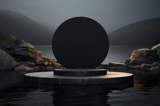 Black stone podium standing in water. Mock up for product, cosmetic presentation. Pedestal or platform for beauty products. Empty scene. Stage, display, showcase. Podium with copy space. Generative AI