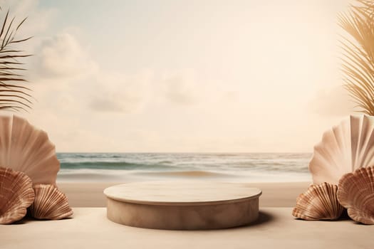 Beach-inspired product display with a beige podium, surrounded by an assortment of seashells, against a serene ocean and sky backdrop, perfect for showcasing summer items. Generative AI