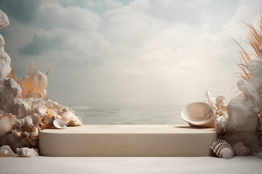 A beach-themed beige podium with copy space, adorned with a variety of seashells, set against a backdrop of a misty sea and cloudy skies, perfect for summer product displays. Generative AI