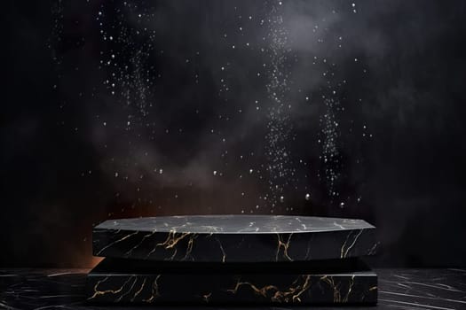 Black marble podium with water splashes. Mock up for product presentation. Pedestal or platform for beauty products. Empty scene. Stage, display, showcase. Podium with copy space. Generative AI