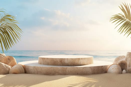 Beach-inspired product display with a beige podium, surrounded by an assortment of seashells, against a serene ocean and sky backdrop, perfect for showcasing summer items. Generative AI