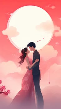 A Chinese couple landscape of couple or lover feeling love with pink background over the full moon.