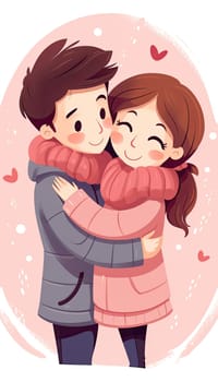 Couple in love. Boy and girl embracing each other affectionately. Saint Valentine concept.Cartoon style illustration.