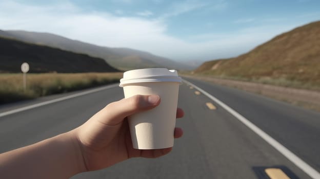 hand with a white paper coffee cup on the background of a road , at summer.