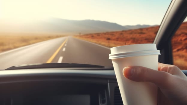 a hand with a white paper coffee cup by the window in a car driving in nature, among the autumn hills.