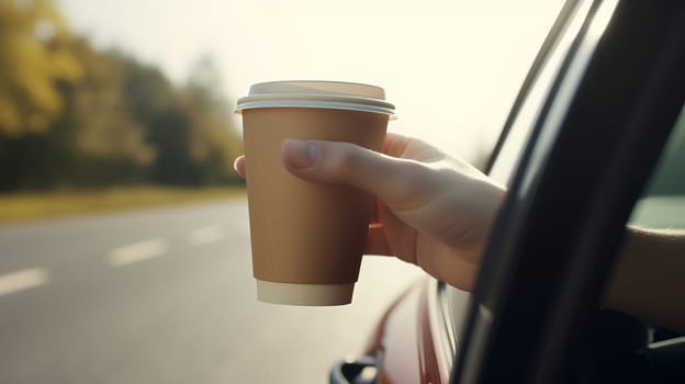 men hand with a brown paper coffee cup stretched out of the window of a car driving in nature.