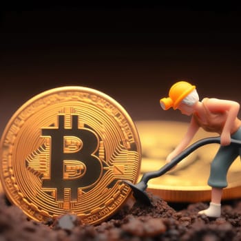 Environmental, Social and Governance. Renewable Cryptocurrency Mining. Miner figurines digging ground to uncover big Gold bitcoin. Eco-friendly cryptocurrencies.