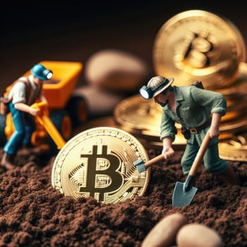 Environmental, Social and Governance. Renewable Cryptocurrency Mining. Miner figurines digging ground to uncover big Gold bitcoin. Eco-friendly cryptocurrencies.