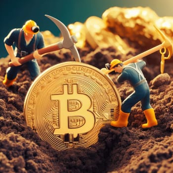 Environmental, Social and Governance. Renewable Cryptocurrency Mining. Miner figurines digging ground to uncover big Gold bitcoin. Eco-friendly cryptocurrencies.