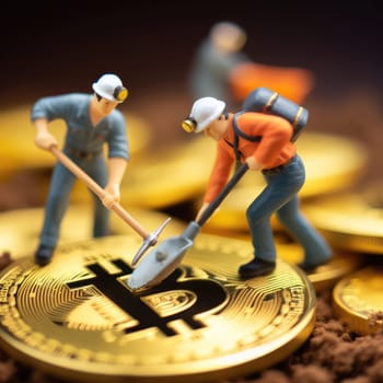 Environmental, Social and Governance. Renewable Cryptocurrency Mining. Miner figurines digging ground to uncover big Gold bitcoin. Eco-friendly cryptocurrencies.