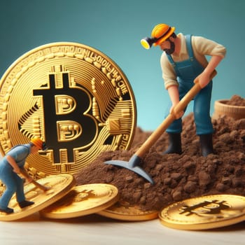 Environmental, Social and Governance. Renewable Cryptocurrency Mining. Miner figurines digging ground to uncover big Gold bitcoin. Eco-friendly cryptocurrencies.