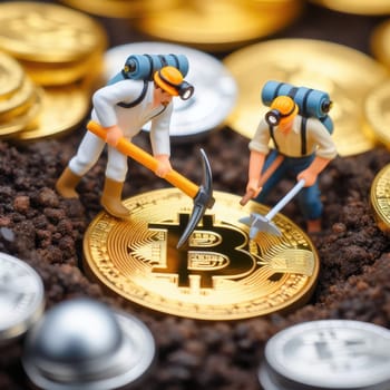 Environmental, Social and Governance. Renewable Cryptocurrency Mining. Miner figurines digging ground to uncover big Gold bitcoin. Eco-friendly cryptocurrencies.