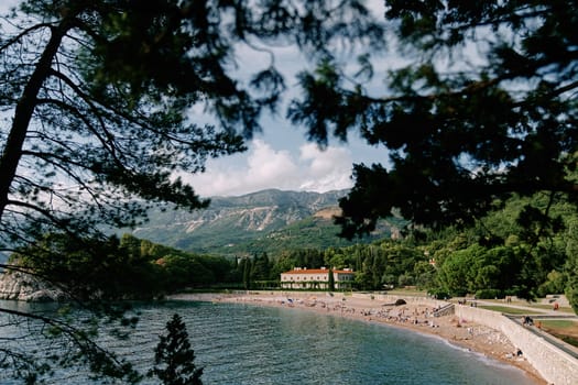View through green branches to the beach near Villa Milocer. Montenegro. High quality photo