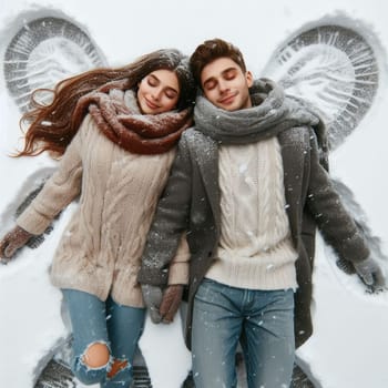 Joyful couple woman and man in winter warm clothes making snow angels while lying in city park or forest outdoors. Winter fun, leisure on holidays. Love relationship family people lifestyle concept