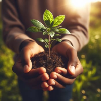 Small Plant Into The Ground - Hands Planting Young Tree With Sunlight And Flare Effect.