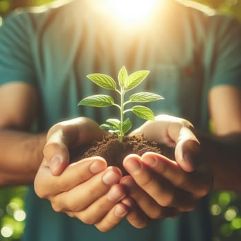 Small Plant Into The Ground - Hands Planting Young Tree With Sunlight And Flare Effect.