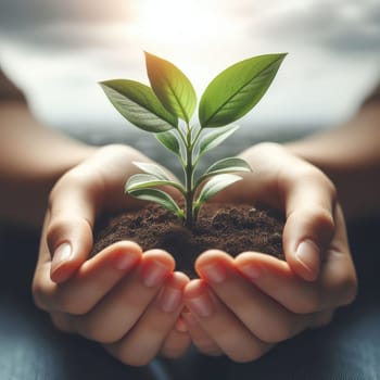 Small Plant Into The Ground - Hands Planting Young Tree With Sunlight And Flare Effect.