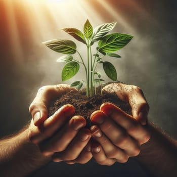 Small Plant Into The Ground - Hands Planting Young Tree With Sunlight And Flare Effect.